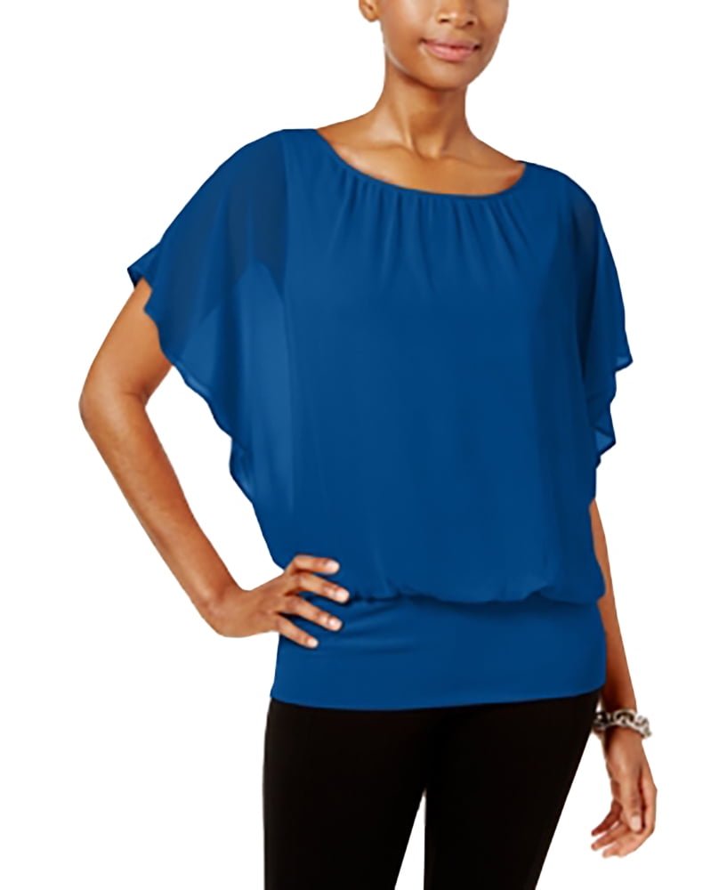 JM Collection Women's Blue Steel Blouson Top Size Petite Large