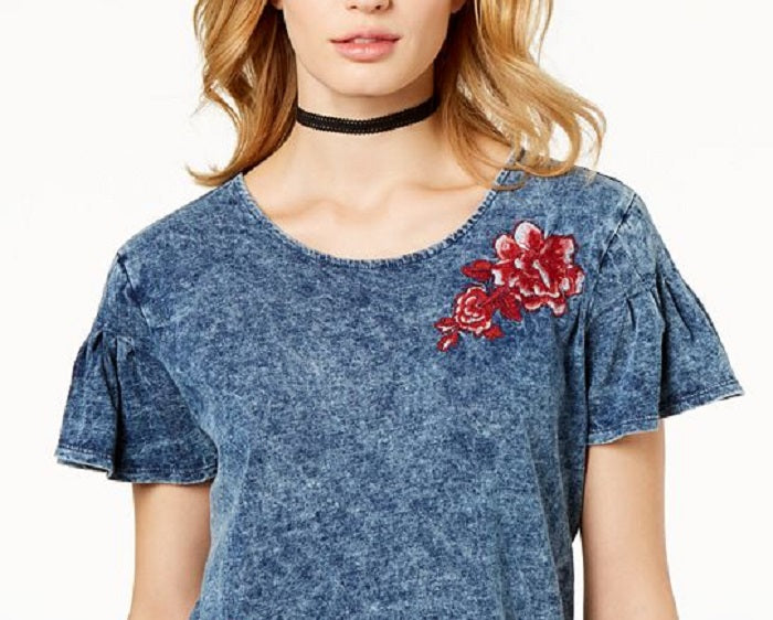 INC International Concepts Women's Embroidered Ruff Scoop Neck Top Blue Size Medium