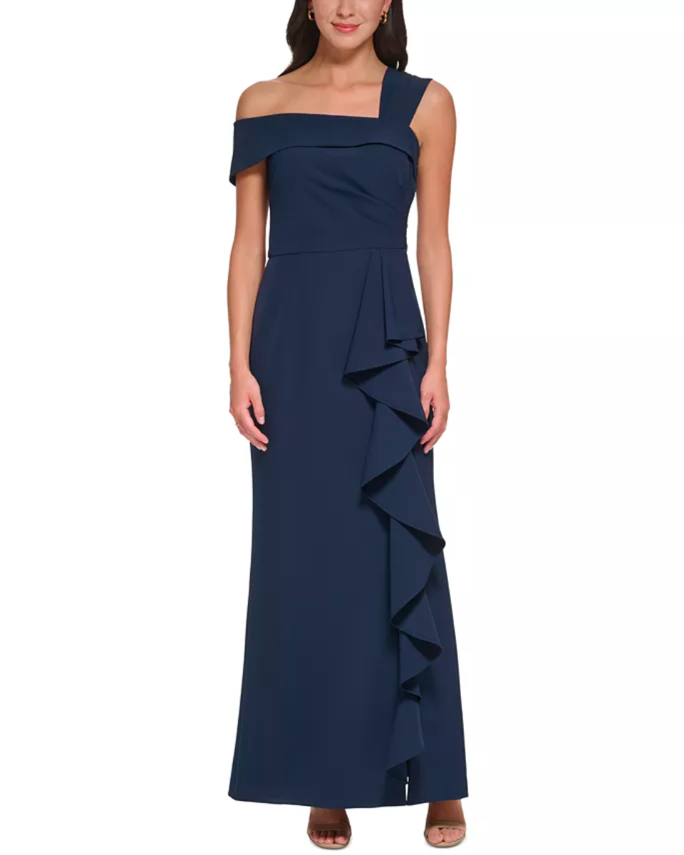 Vince Camuto Women's Ruffled Off The Shoulder Gown Navy Size 4