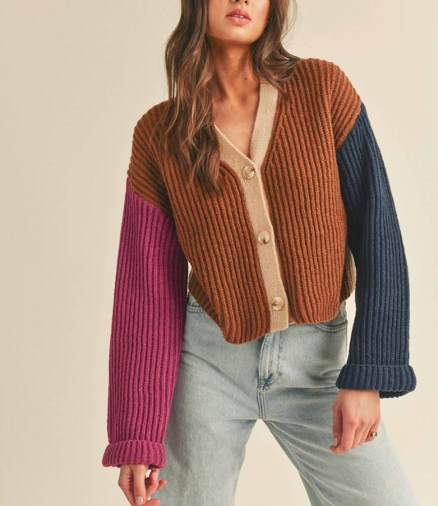 &Merci - Color Block Knit Sweater Cardigan