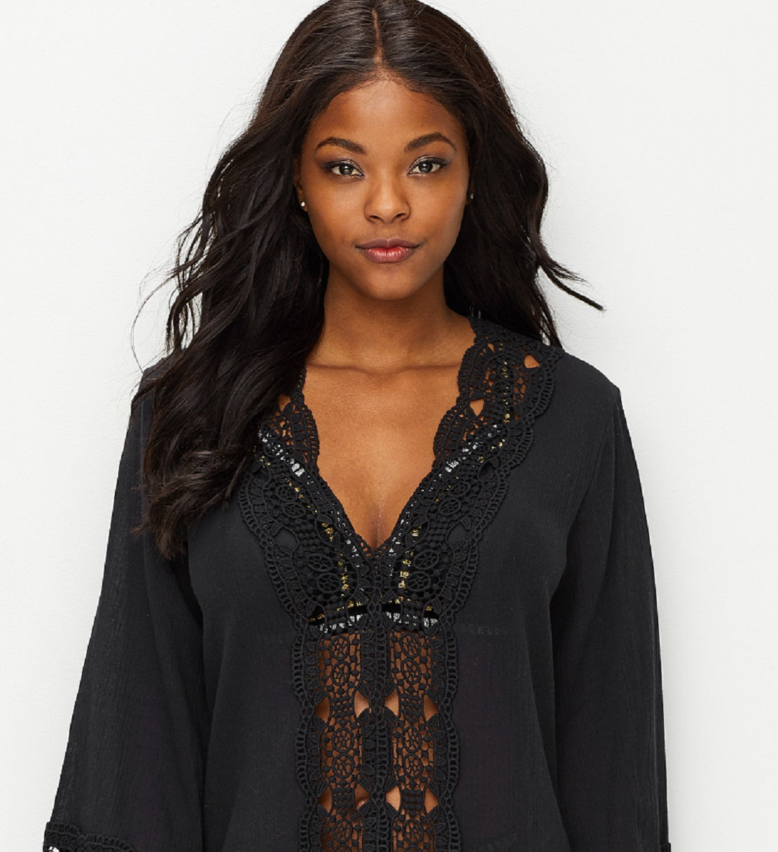 La Blanca Women's Cotton Crochet-Trim Tunic Swimsuit Black Size Medium