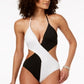 Bar III Women's Colorblocked Plunging Halter One Piece Cheeky Swimsuit Black Size Large