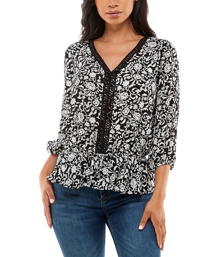Adrienne Vittadini Women's 3/4 Sleeve Peplum Top Black Size Large