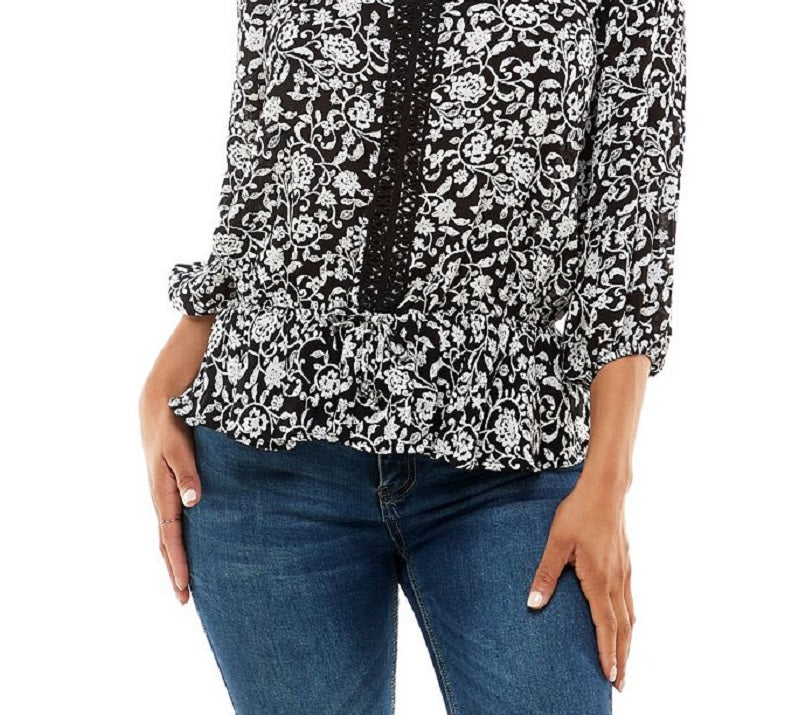 Adrienne Vittadini Women's 3/4 Sleeve Peplum Top Black Size Large