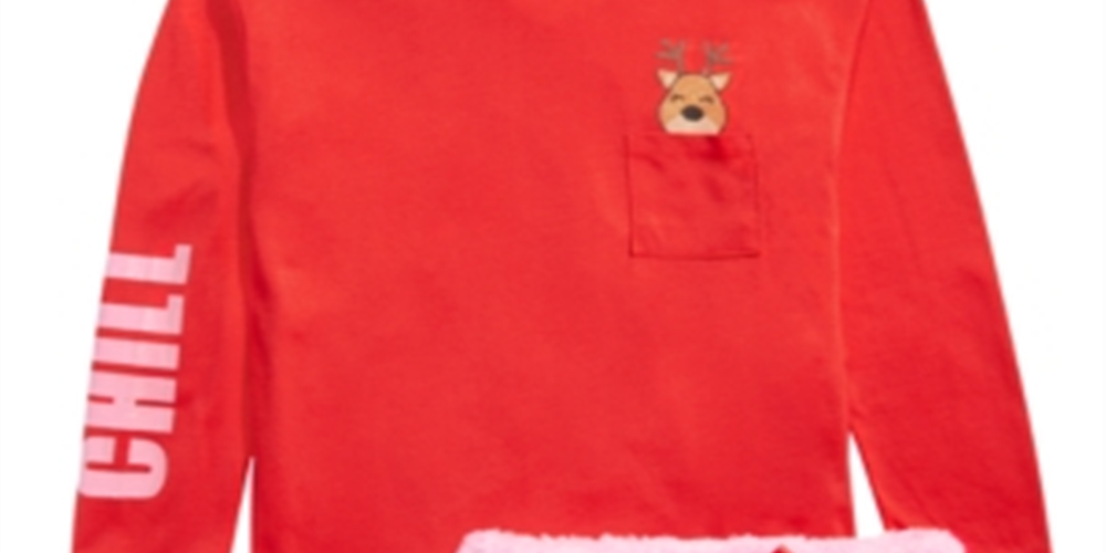 Max & Olivia Big Girl's 3 Pc Reindeer Top Faux Fur Shorts & Socks Pajama Set Red Size Small