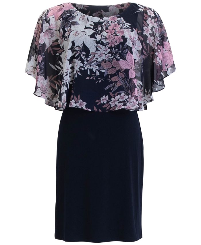 Connected Women's Floral Print Caped Chiffon Dress Pink Size 8