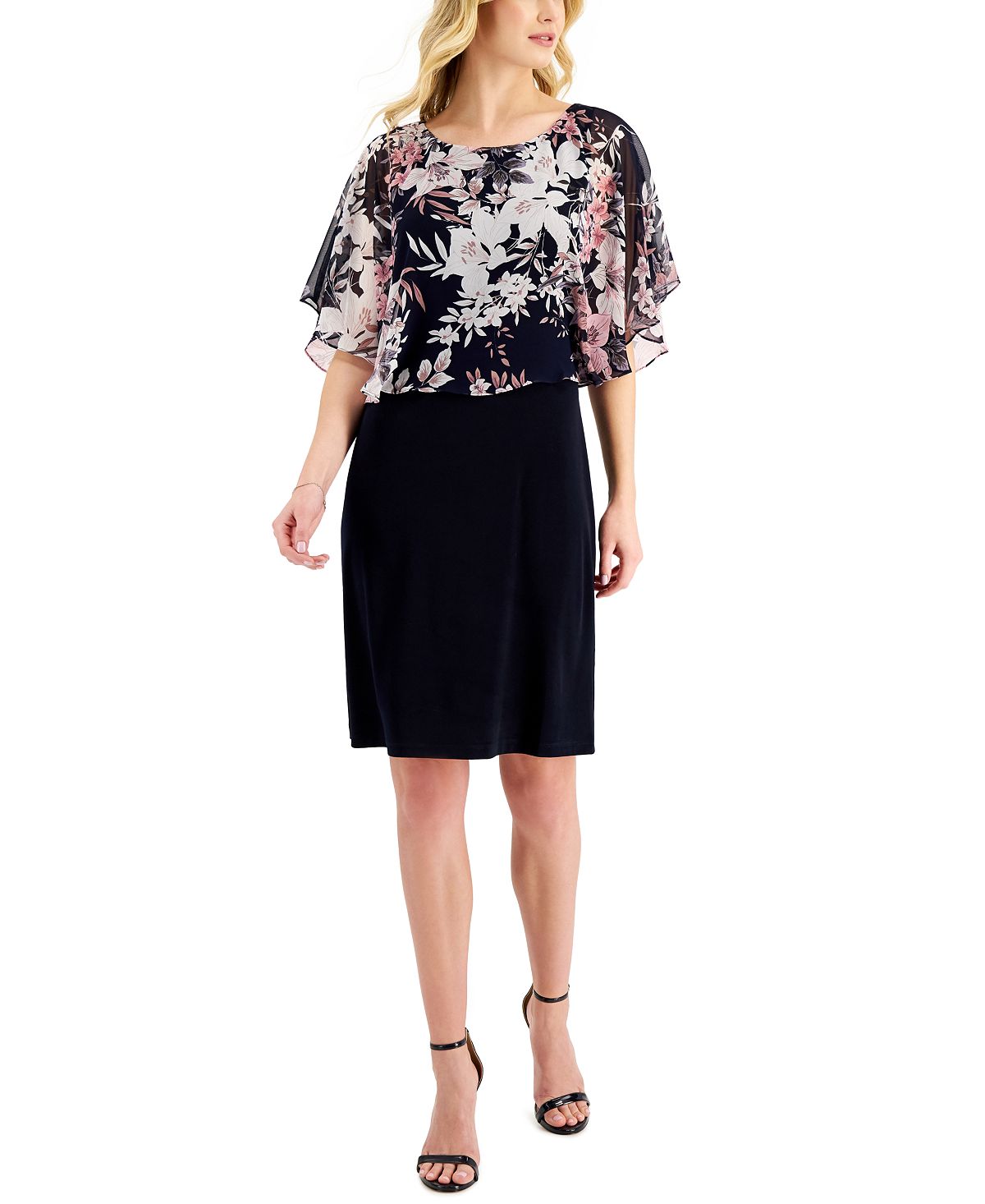 Connected Women's Floral Print Caped Chiffon Dress Pink Size 8