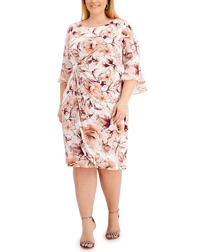 Connected Women's Gathered Waist 3/4 Sleeve Dress Brown Size 18W