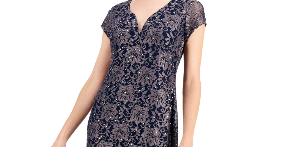 Connected Women's Printed Lace Gown Blue Size 16