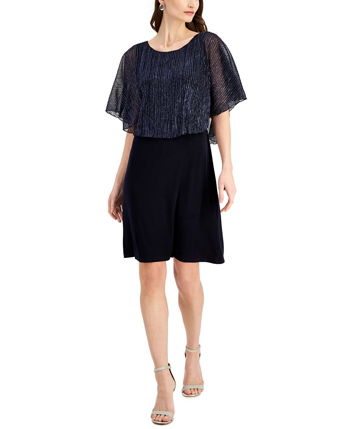 Connected Women's Metallic Threaded Cape Dress Blue Size 12Petite