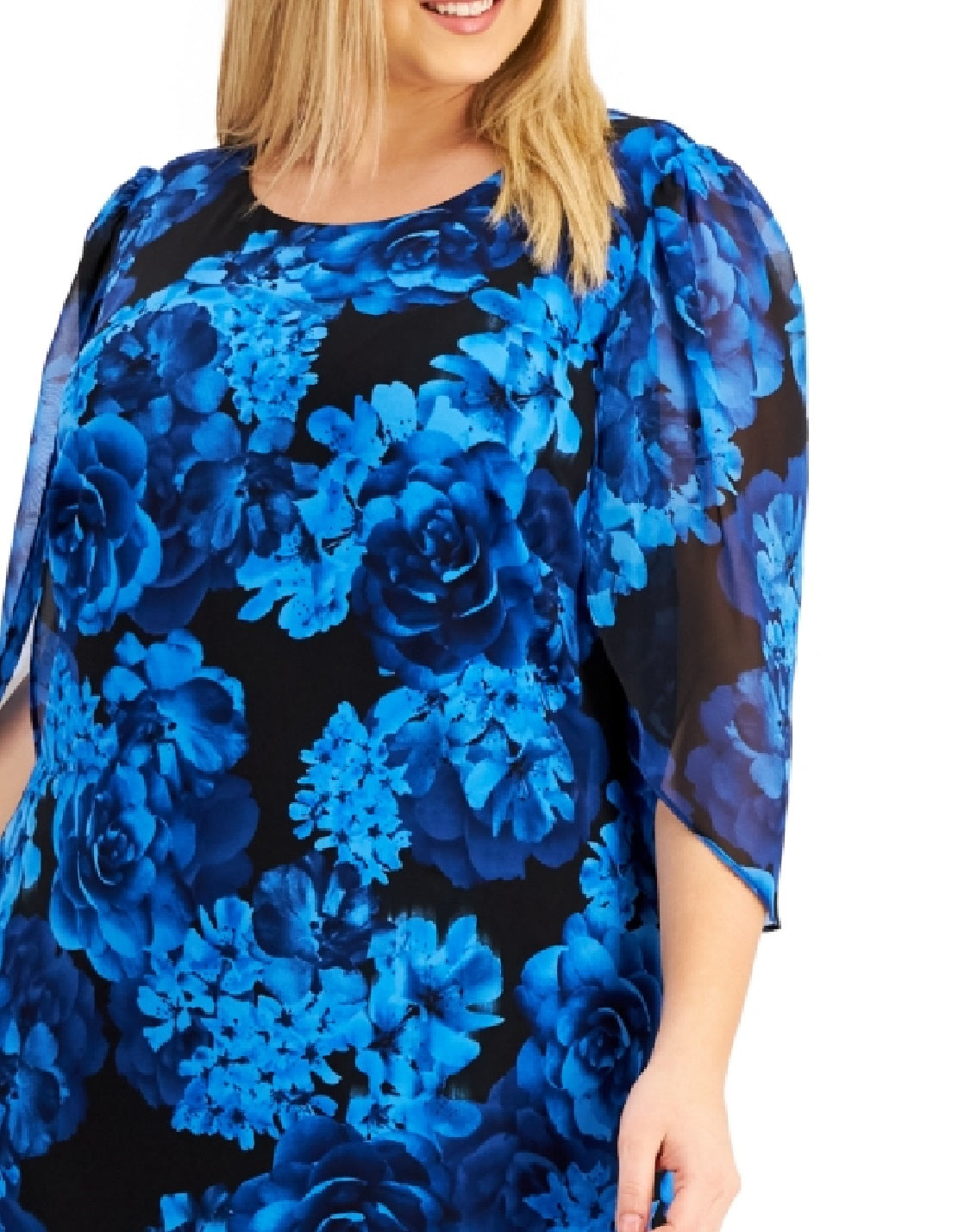 Connected Women's Printed Sheer Sleeve Dress Blue Size 16W