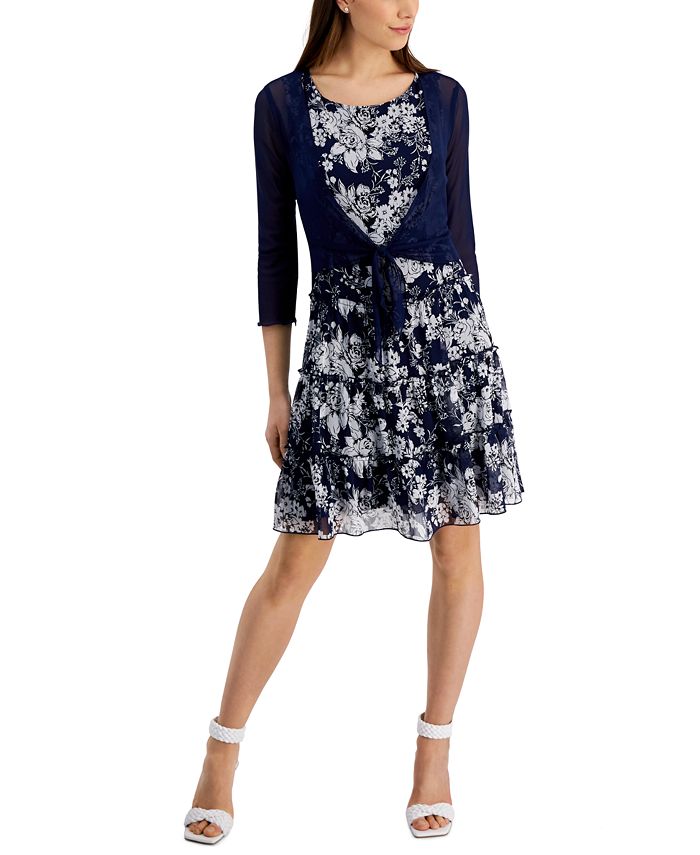 Connected Women's 2 Pc Printed Chiffon Jacket Dress Blue Size 6