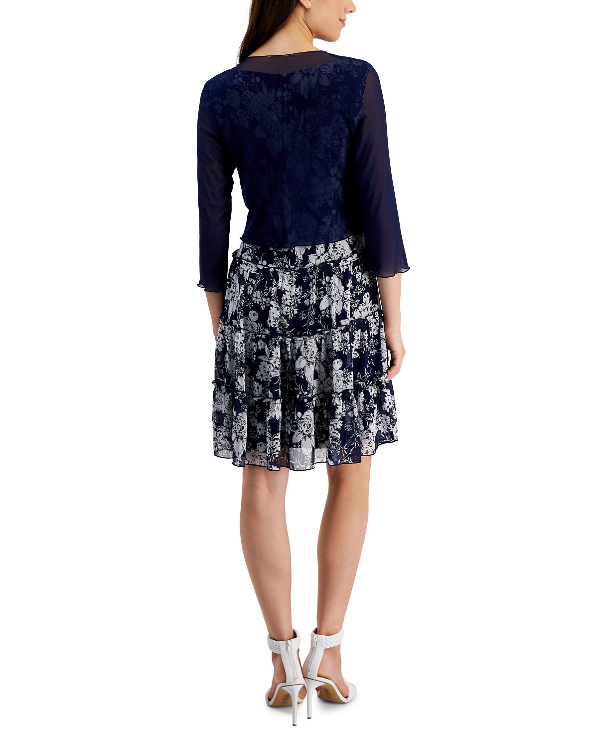 Connected Women's 2 Pc Printed Chiffon Jacket Dress Blue Size 8