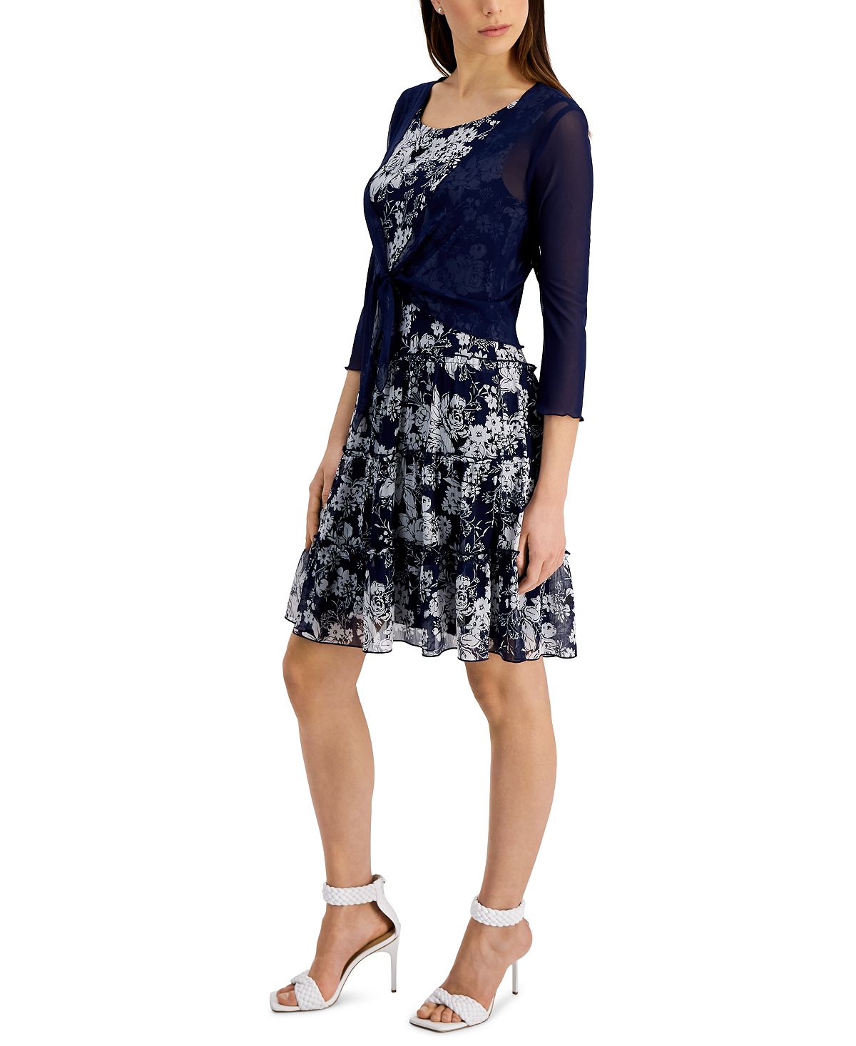 Connected Women's 2 Pc Printed Chiffon Jacket Dress Blue Size 12