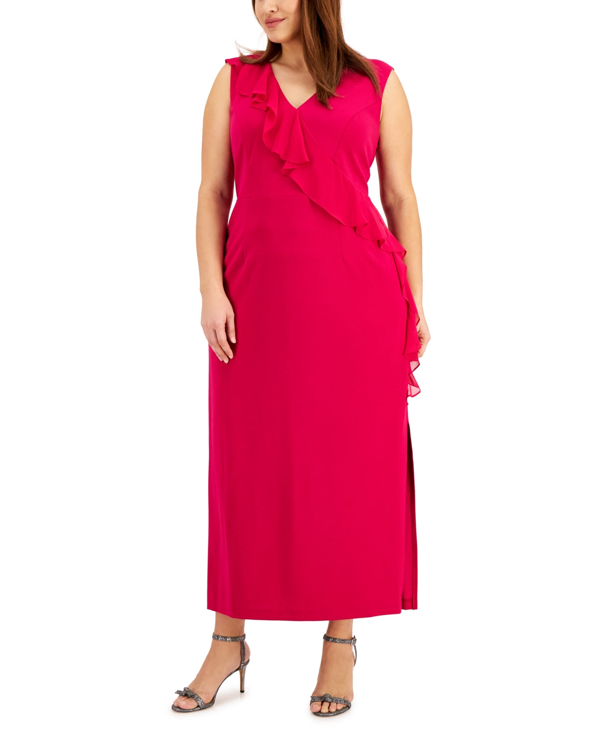 Connected Women's V Neck Ruffle Dress Pink Size 14W