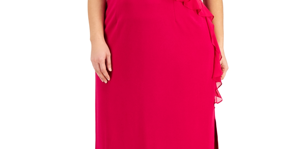 Connected Women's Zippered Short Sleeve V Neck Full Length Evening Sheath Dress Pink Size 24W