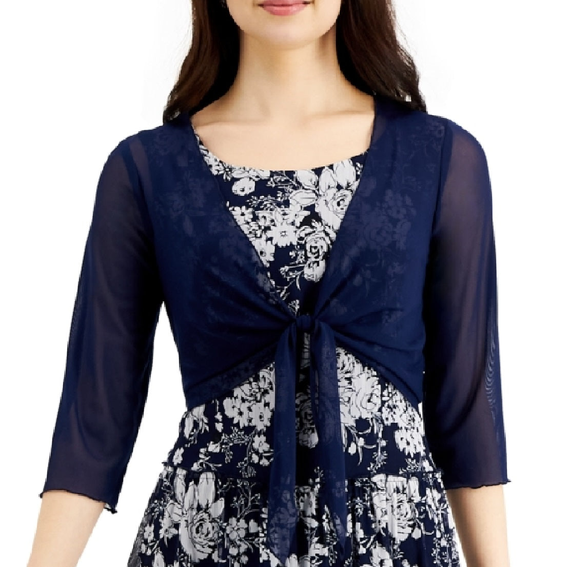 Connected Women's 2 Pc Printed Dress & Mesh Jacket Blue Size 6Petite