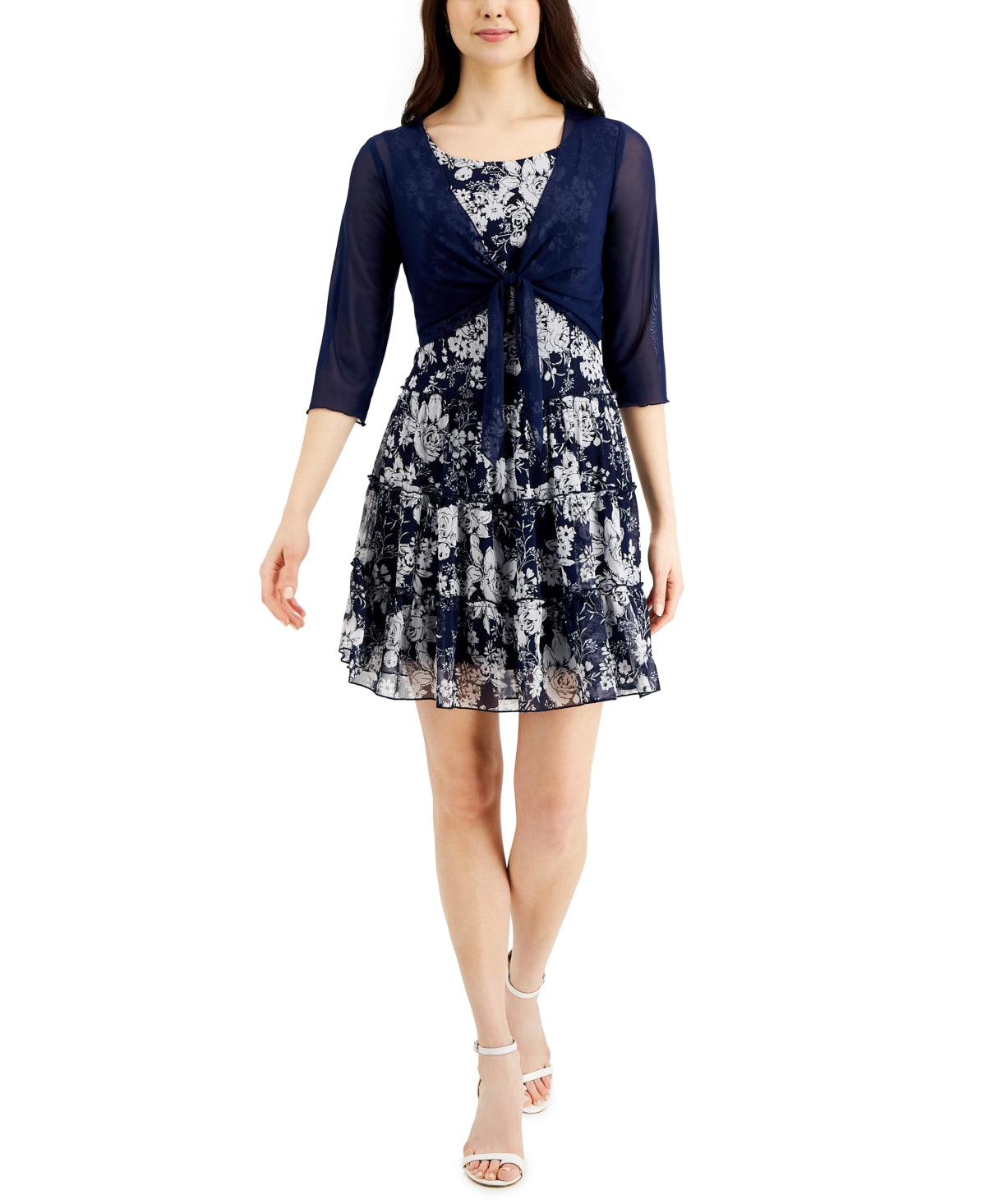Connected Women's 2 Pc Printed Dress & Mesh Jacket Blue Size 6Petite