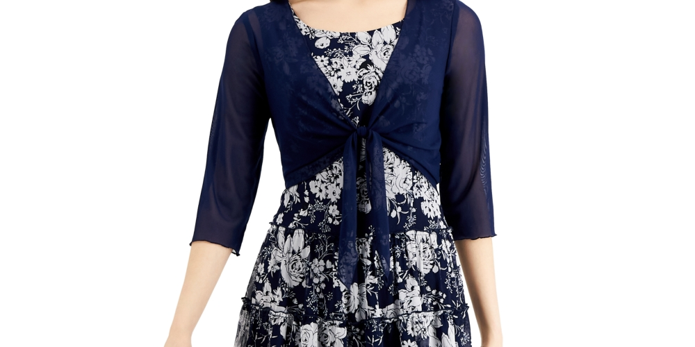 Connected Women's 2 Pc Printed Dress & Mesh Jacket Blue Size 6Petite