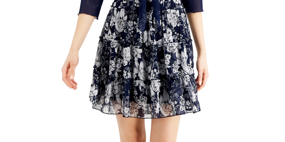 Connected Women's 2 Pc Printed Dress & Mesh Jacket Blue Size 6Petite