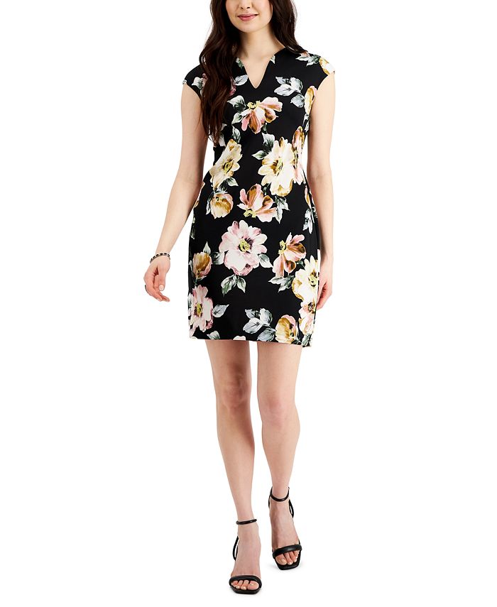 Connected Women's Printed Cap Sleeve Scuba Crepe Dress Pink Size 8Petite