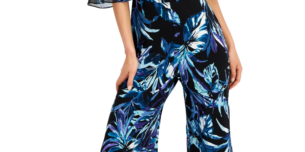 Connected Women's Cold houlder Printed Jumpsuit Blue Size 8
