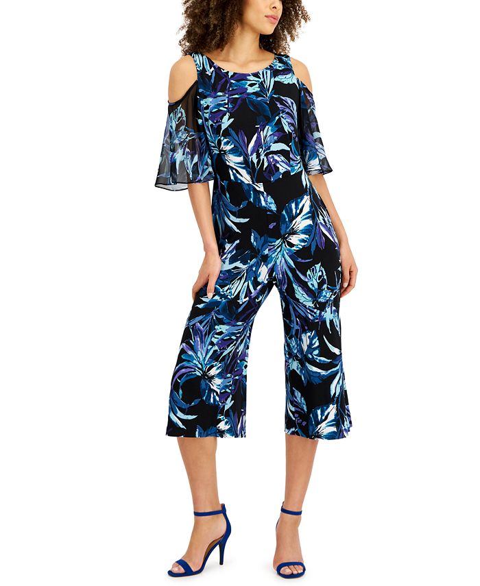 Connected Women's Cold Shoulder Printed Jumpsuit Blue Size 10