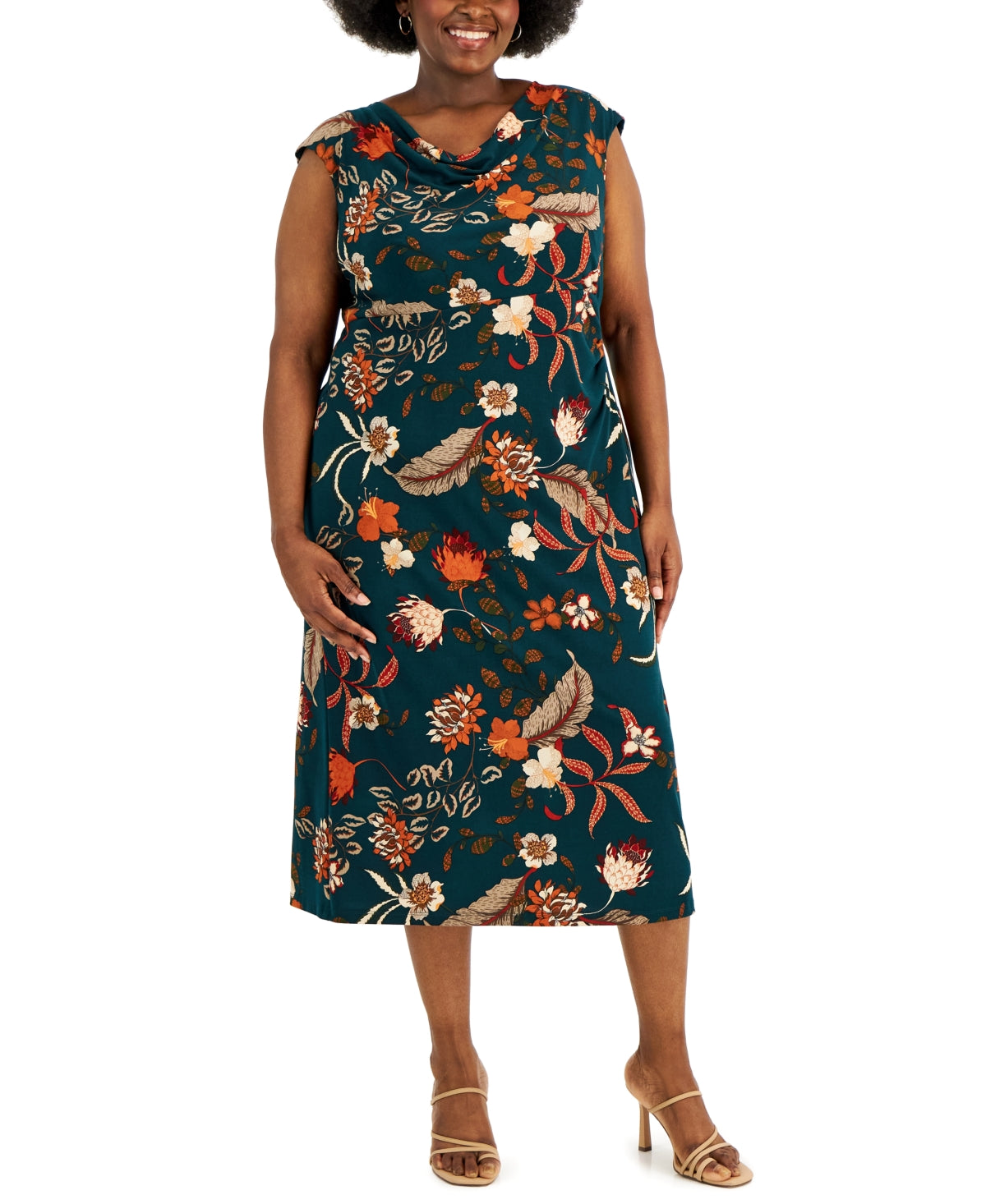 Connected Women's Printed Cowlneck Midi Dress Green Size 22W