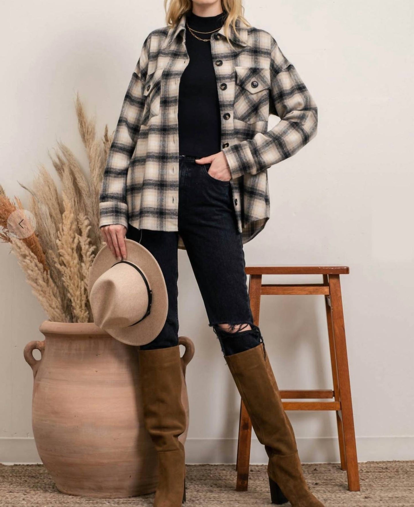 Blu Pepper - Extended Shoulder Plaid Shacket