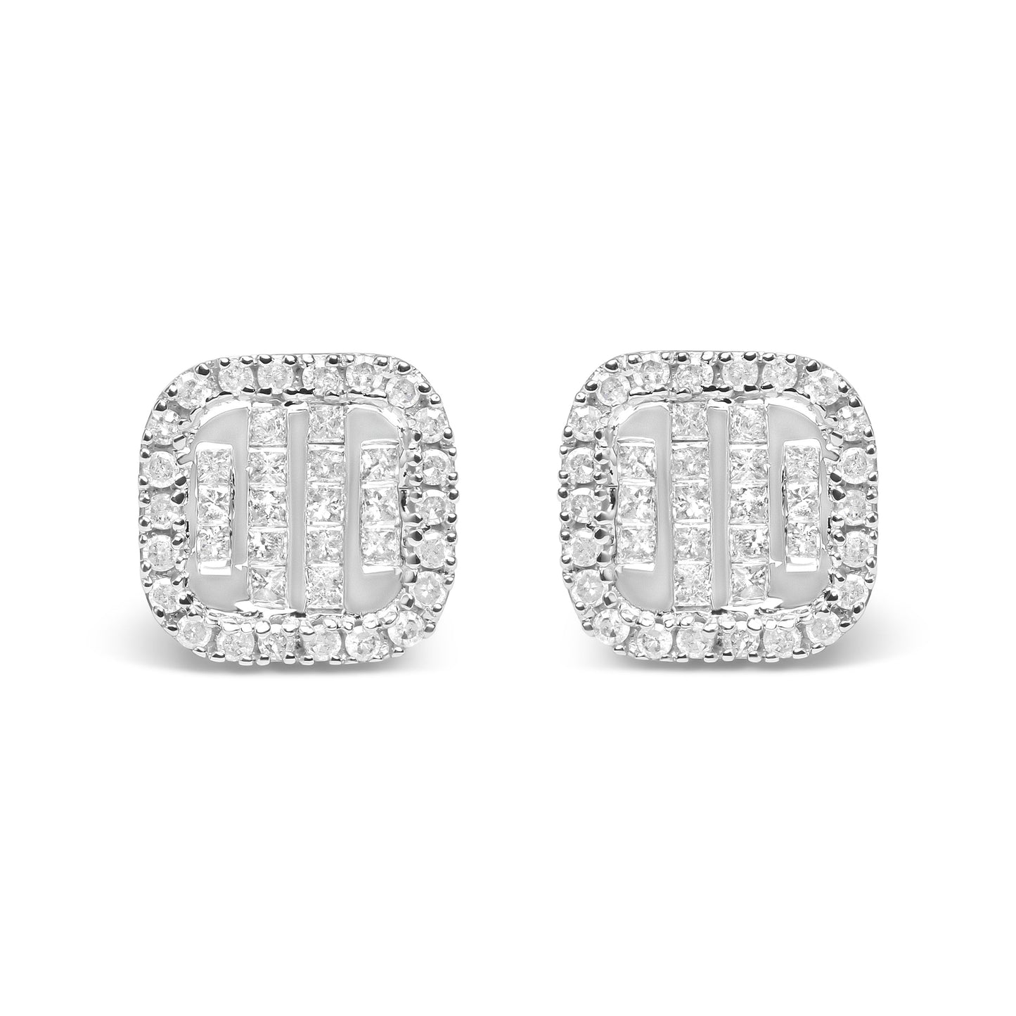 10K White Gold 7/8 Cttw Diamond Princess Composite and Halo Stud Earrings (I-J Color, I1-I2 Clarity)
