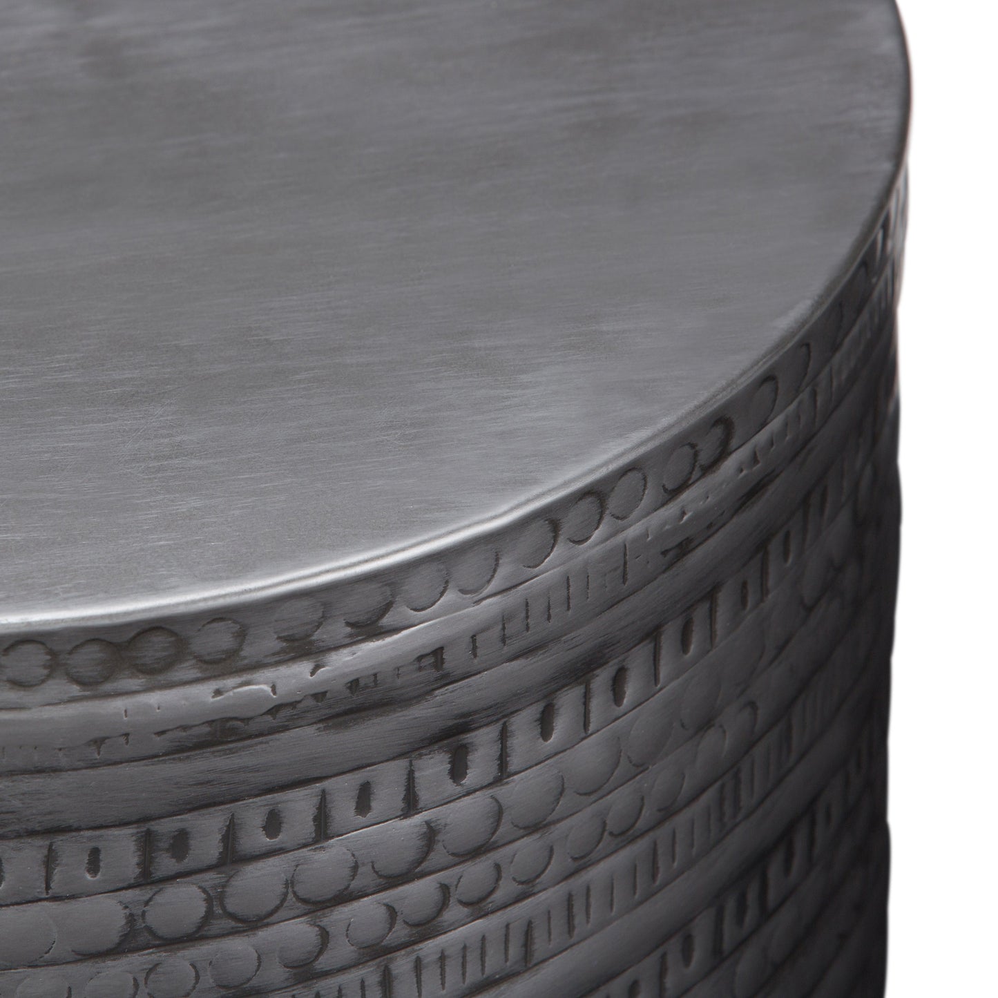Johnsen 15 Inch Wide Tribal Pattern Metal Accent Table in Antique Silver