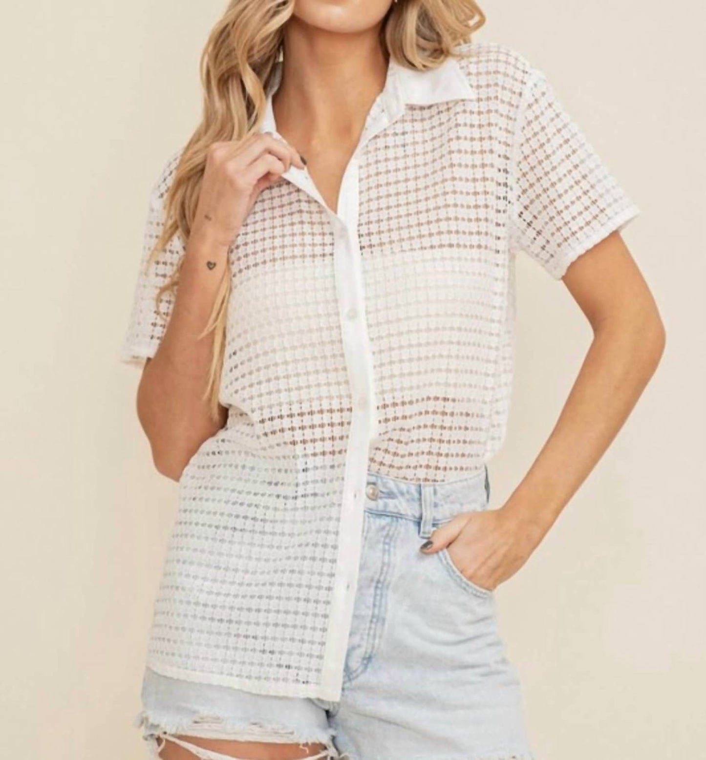Cloud Ten - Ariana See Through Open Knit Button Down Blouse