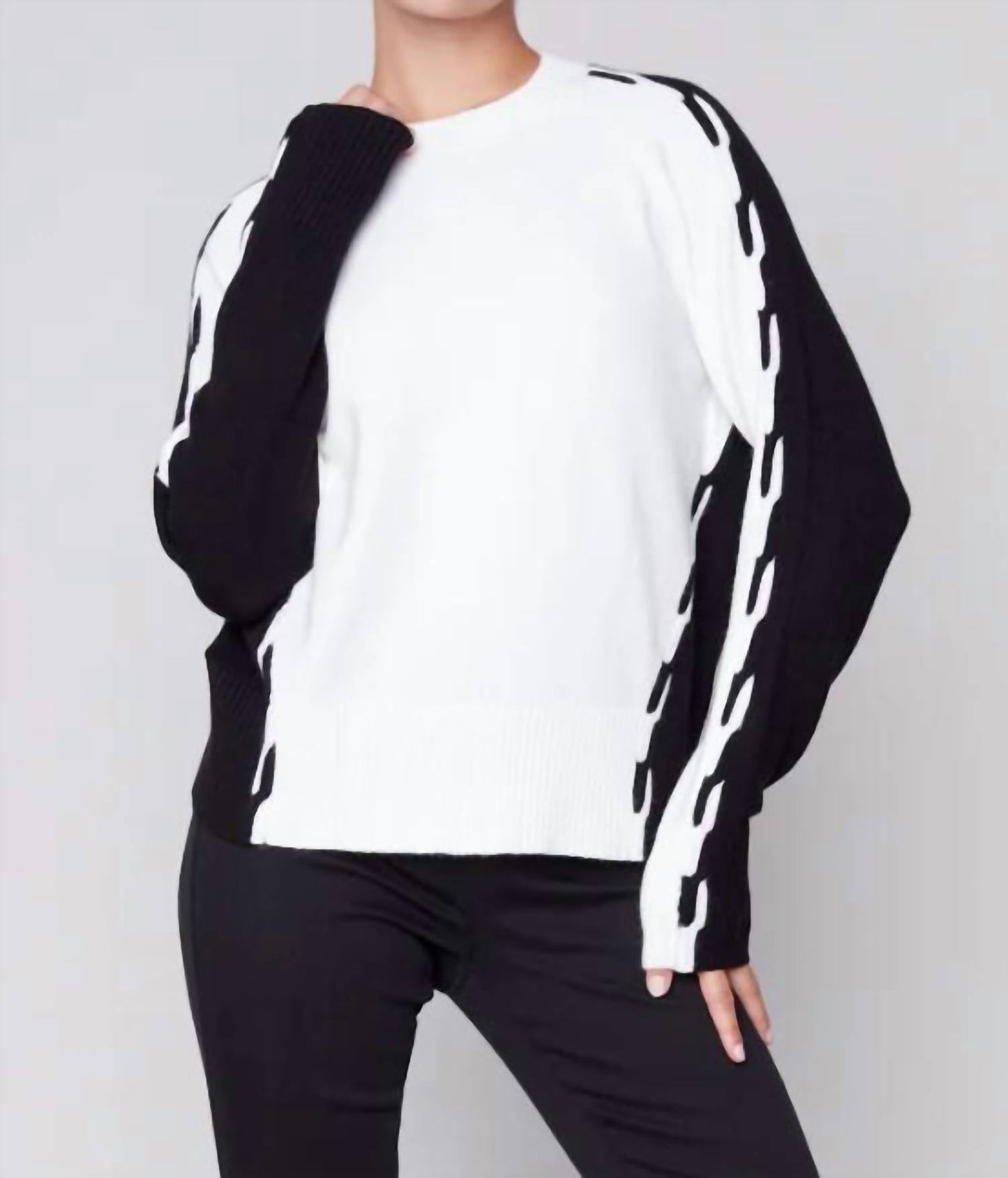 Charlie B - Raglan Sleeve Sweater with Color Block Side Cable Design