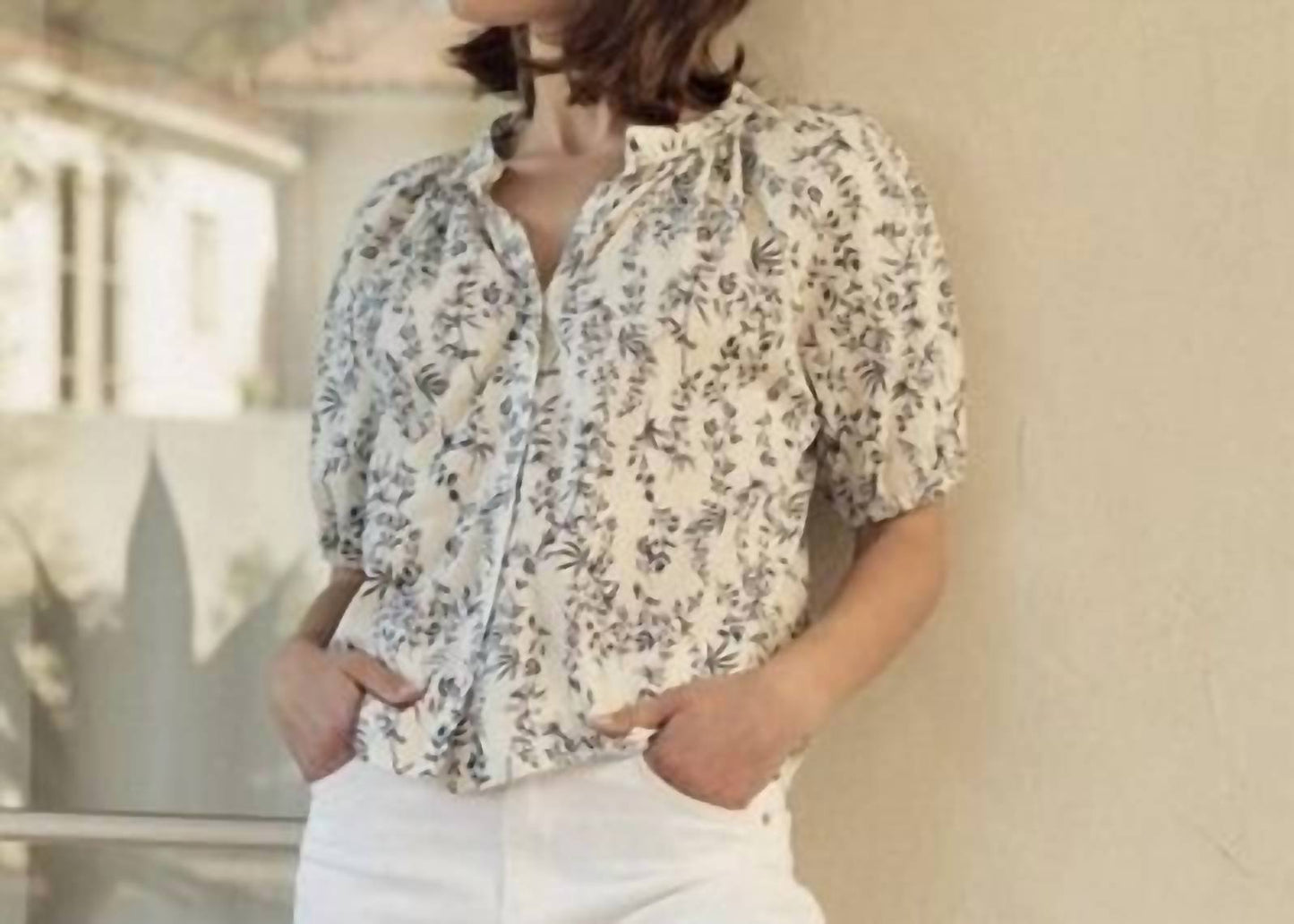 Fun 2 Fun - ivory/blue Floral Blouse
