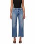 A model wearing a pair of wide-leg cropped blue jeans with a faded wash and raw frayed hems, paired with a black tank top and black sandals, shown against a plain white background.