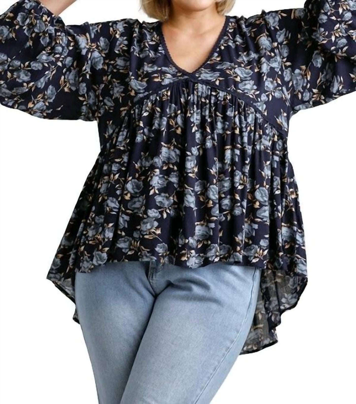 Umgee - Floral Lace Trim High Low Babydoll Top - Plus