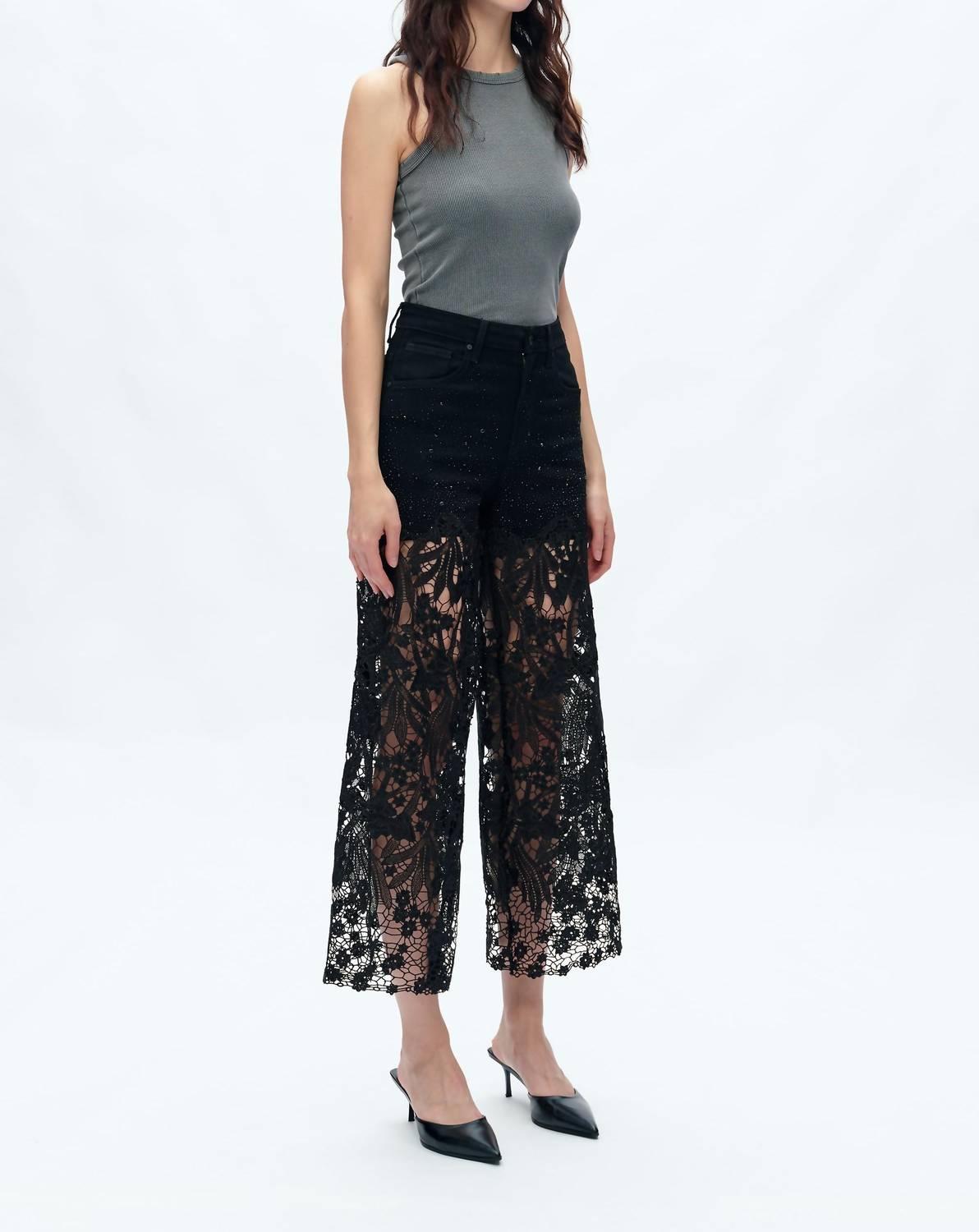 Bayeas - Women's Crystal Embellished Lace Jeans