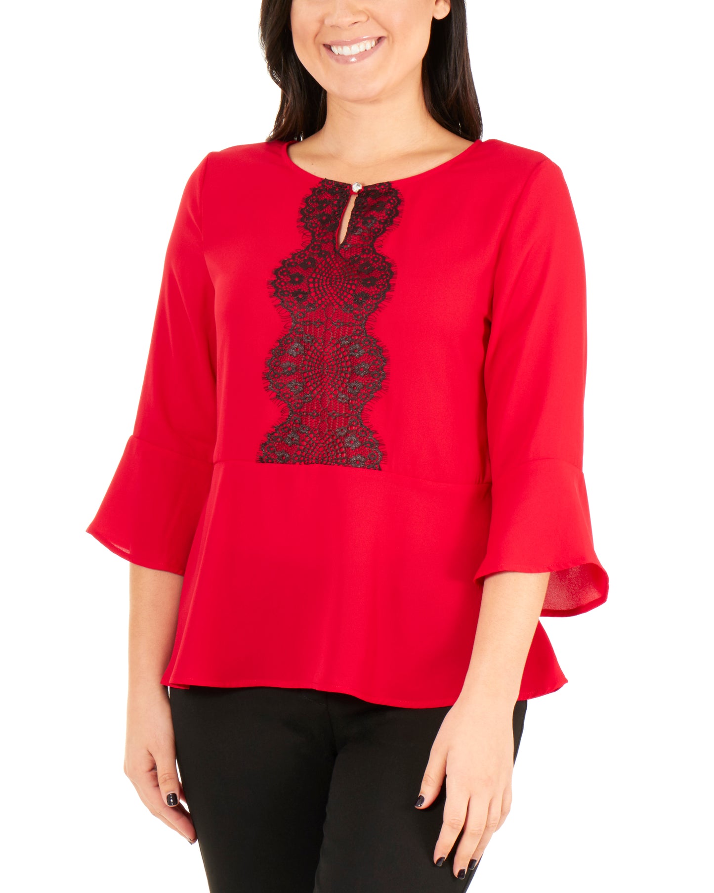 NY Collection Women's 3/4 Bell Sleeve Peplum Top Red Size Petite Large