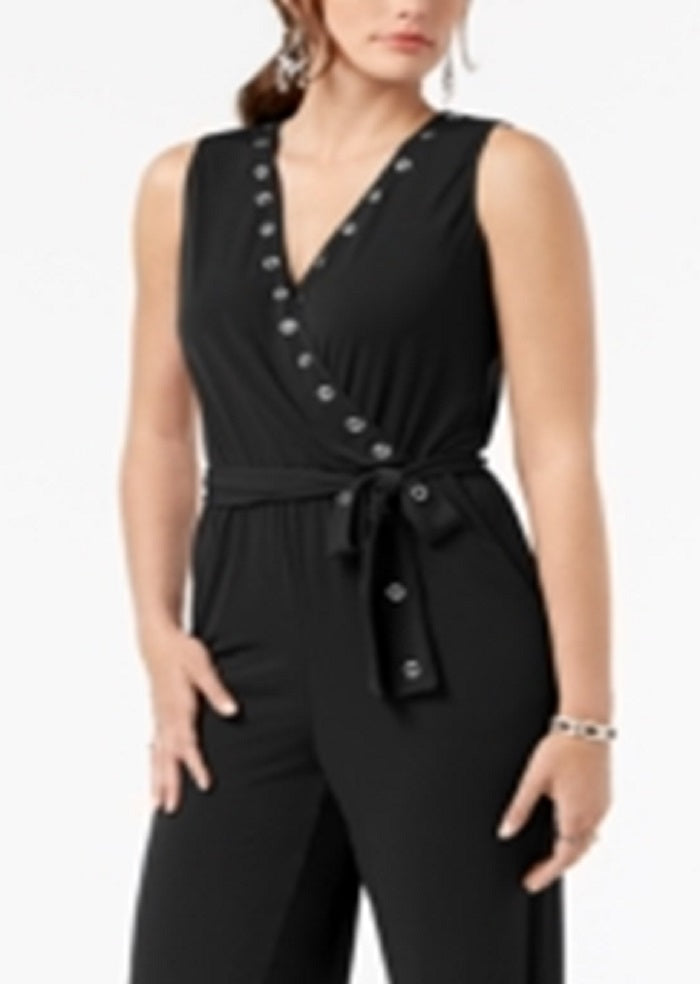 NY Collection Women's Belted Grommet Jumpsuit Black Size Petite Small