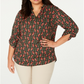 NY Collection Women's Printed Roll Tab Sleeve Top Black Size 2X