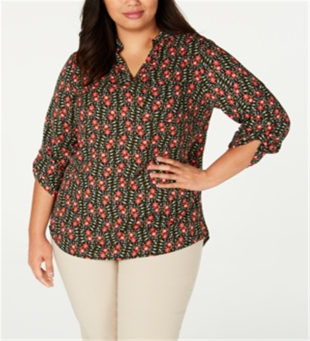 NY Collection Women's Printed Roll Tab Sleeve Top Black Size 2X