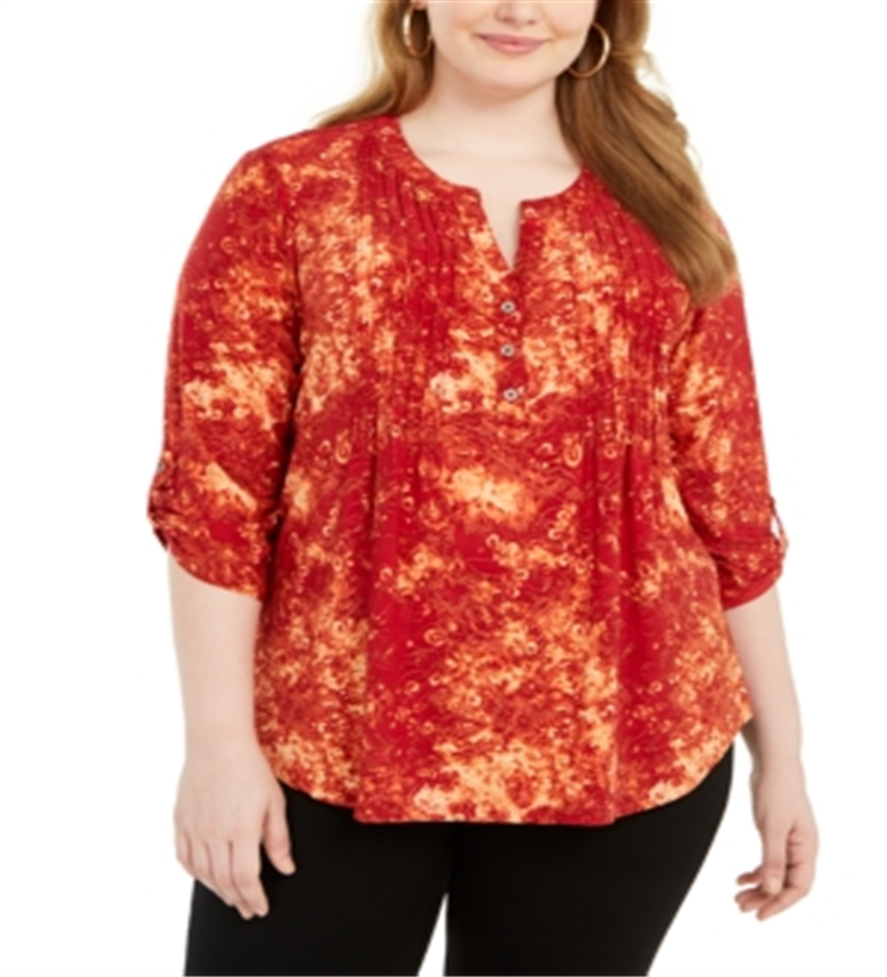 NY Collection Women's Printed Pleated Top Red Size 3X