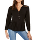 NY Collection Women's Lace Yoke Knit Top Black Size Petite Medium