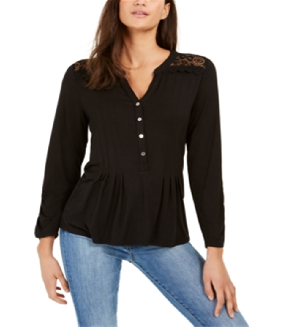 NY Collection Women's Lace Yoke Knit Top Black Size Petite Medium
