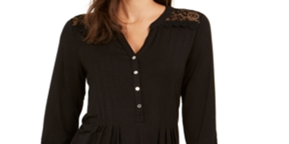 NY Collection Women's Lace Yoke Knit Top Black Size Petite Medium