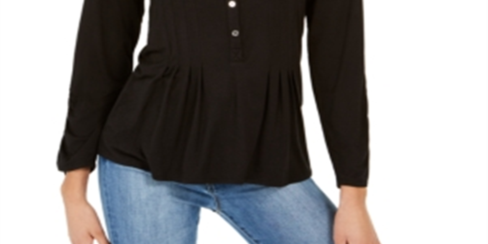 NY Collection Women's Lace Yoke Knit Top Black Size Petite Medium
