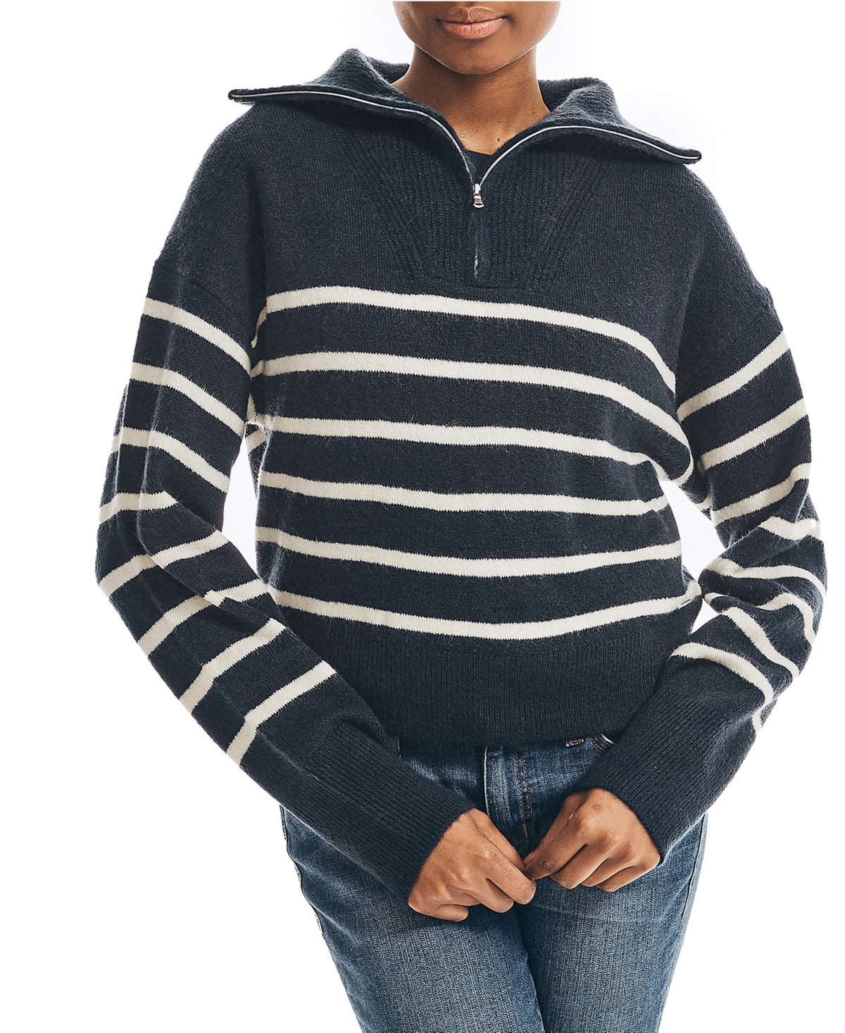 Nautica Women's Striped Quarter Zip Sweater Blue Size Large
