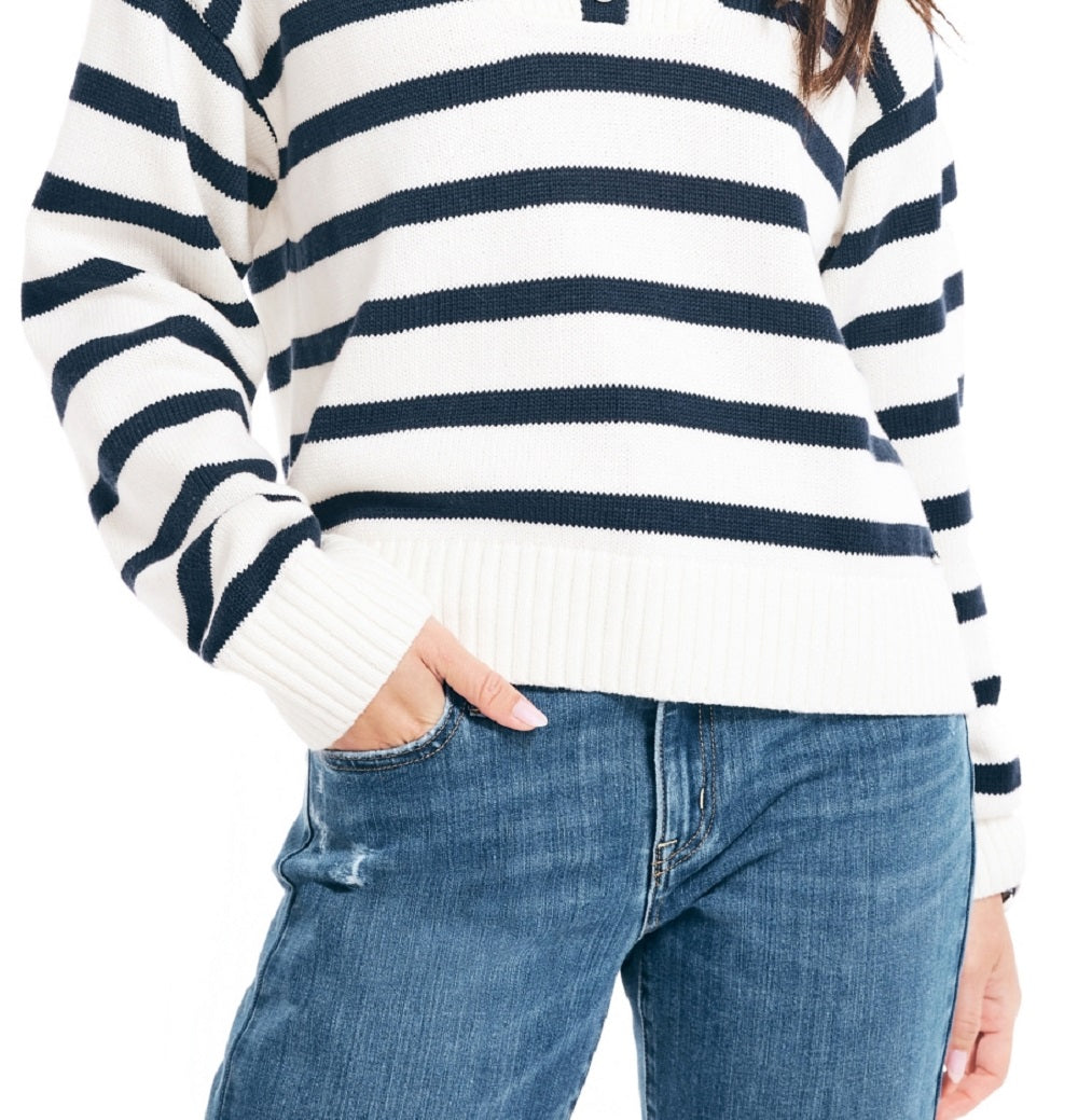 Nautica Women's Striped Quarter-Button Sweater White Size Large