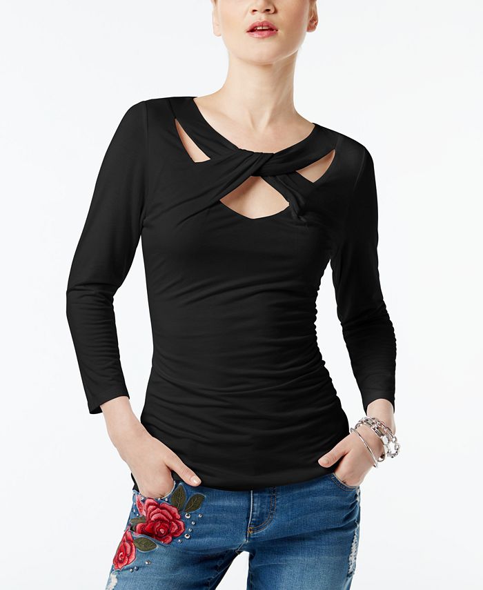 INC International Concepts Women's Criss Cross Front 3/4 Sleeves Pullover Top Black Size X-Small