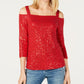 INC International Concepts Women's Sequin Cold Shoulder Top Red Size Petite X-Large
